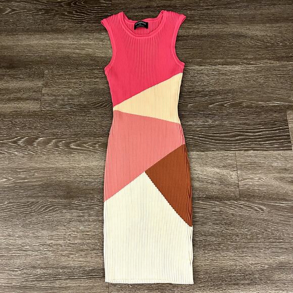 MINKPINK Vita Knit Colorblock Ribbed Midi Dress Pink Multicolor Sleeveless Large - Picture 11 of 15